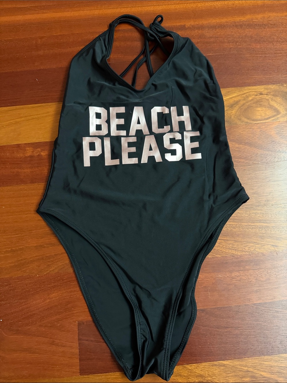 Girls' Black One-Piece Swimsuit with 'Beach Please' Graphic